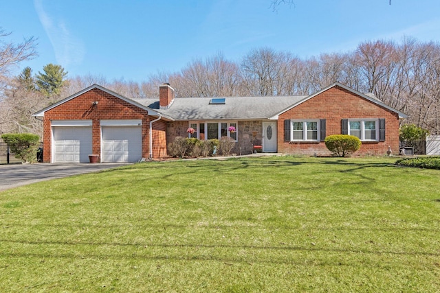 ranch-style house with a front lawn, a garage, driveway, and a chimney