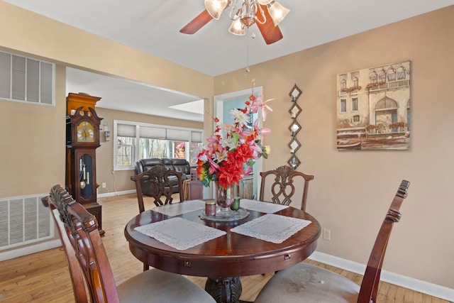 dining room with visible vents, wood finished floors, baseboards, and ceiling fan