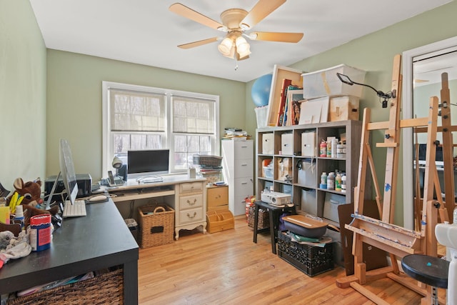 office featuring ceiling fan and light wood-style flooring