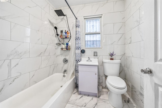 full bathroom with tile walls, toilet, marble finish floor, vanity, and shower / bathtub combination with curtain