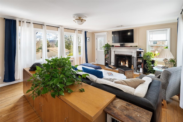 living area with light wood-type flooring, a lit fireplace, and plenty of natural light