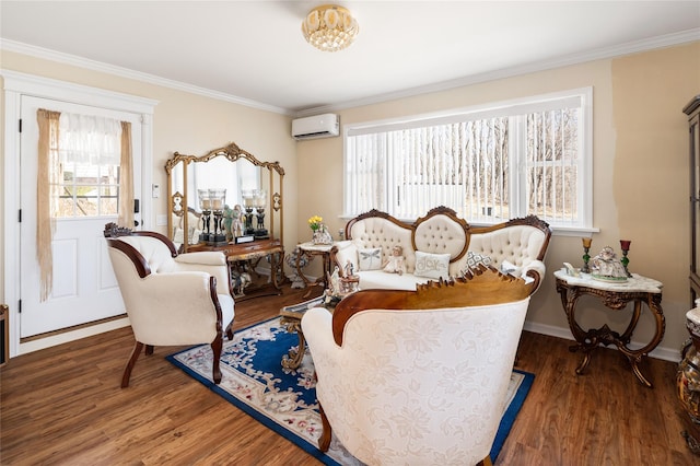 living area featuring ornamental molding, a wall unit AC, a wealth of natural light, and wood finished floors