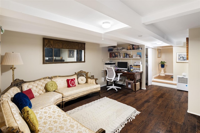 office space featuring wood finished floors, beamed ceiling, and baseboards