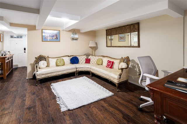 living room featuring beamed ceiling and wood finished floors