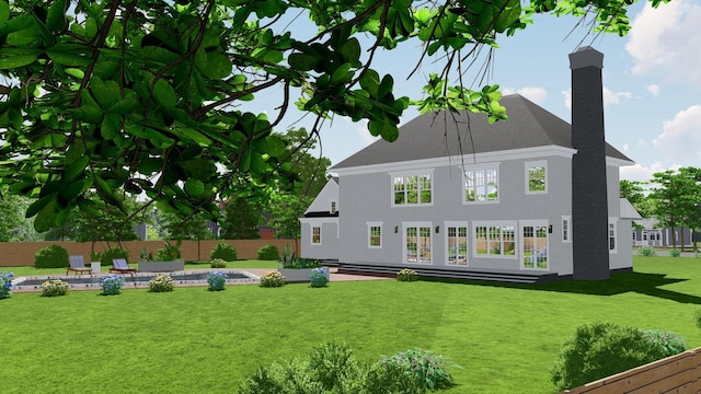 back of house with a chimney, fence, and a lawn