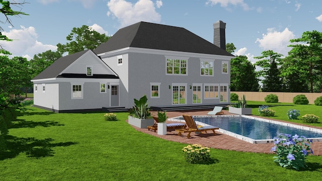 back of property with a patio area, a fenced in pool, fence, entry steps, and a yard