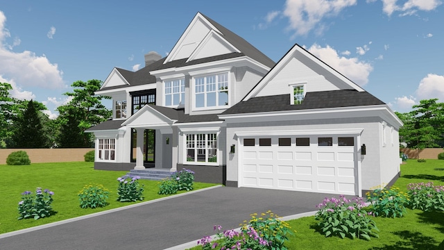 view of front of home featuring a front lawn, a chimney, fence, and aphalt driveway
