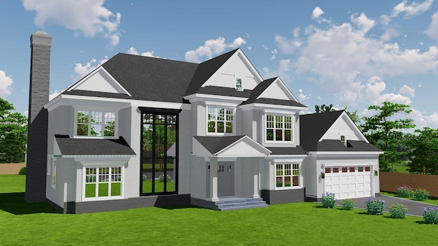 view of front of house featuring driveway, an attached garage, a chimney, and a front yard