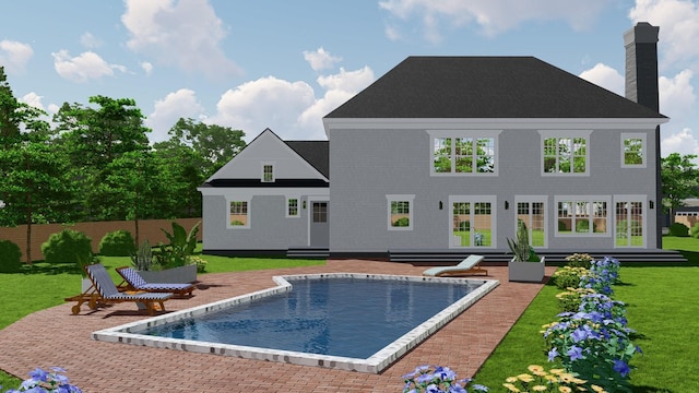 rear view of house featuring fence, entry steps, a chimney, a fenced in pool, and a lawn