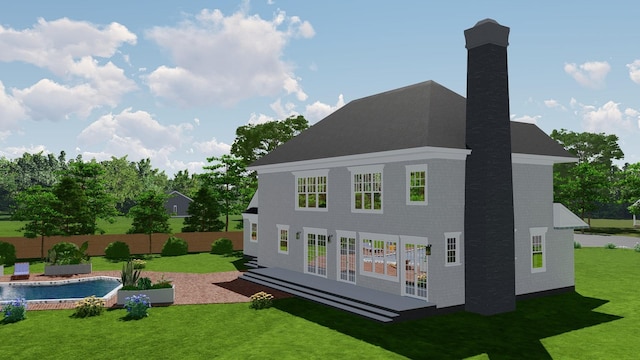 rear view of house with fence, a fenced in pool, a patio area, a yard, and a chimney