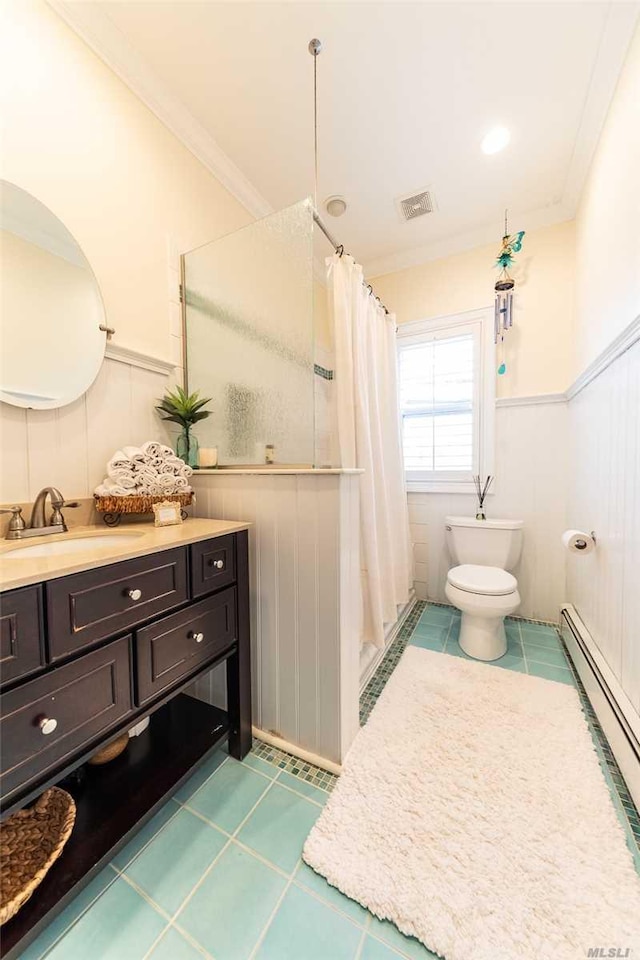 119 Mitchell Ave, Long Beach, NY 11561 - bathroom featuring toilet, a wainscoted wall, vanity, visible vents, and baseboard heating