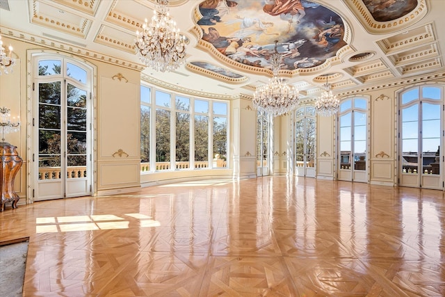 186 Kings Point Rd, Great Neck, NY 11024 - unfurnished sunroom featuring a chandelier, coffered ceiling, french doors, and beamed ceiling