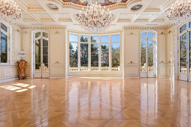 186 Kings Point Rd, Great Neck, NY 11024 - unfurnished sunroom featuring coffered ceiling, a chandelier, french doors, and beam ceiling