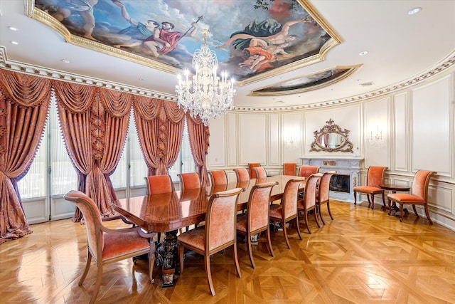 186 Kings Point Rd, Great Neck, NY 11024 - dining room with a decorative wall, a chandelier, a fireplace, recessed lighting, and ornamental molding