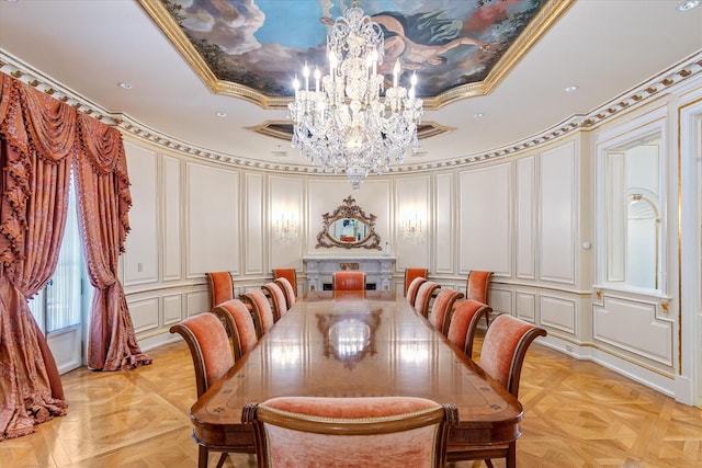 186 Kings Point Rd, Great Neck, NY 11024 - dining room with a decorative wall, a chandelier, ornamental molding, and recessed lighting