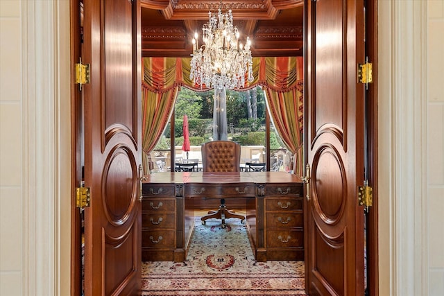 186 Kings Point Rd, Great Neck, NY 11024 - office area with a chandelier and ornamental molding