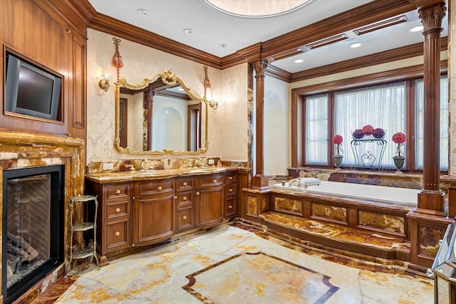 186 Kings Point Rd, Great Neck, NY 11024 - bathroom featuring marble tiled floors, ornamental molding, inlaid floor details, a premium fireplace, and a bath
