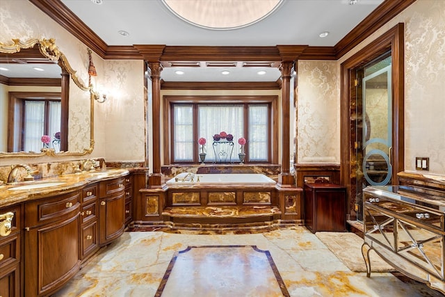186 Kings Point Rd, Great Neck, NY 11024 - bathroom featuring crown molding, a wainscoted wall, plenty of natural light, a garden tub, and vanity