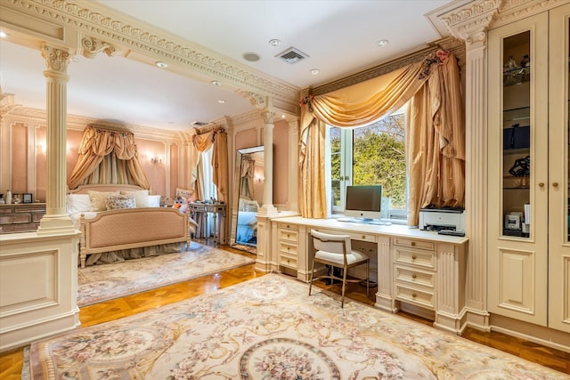 186 Kings Point Rd, Great Neck, NY 11024 - bedroom featuring ornate columns and ornamental molding
