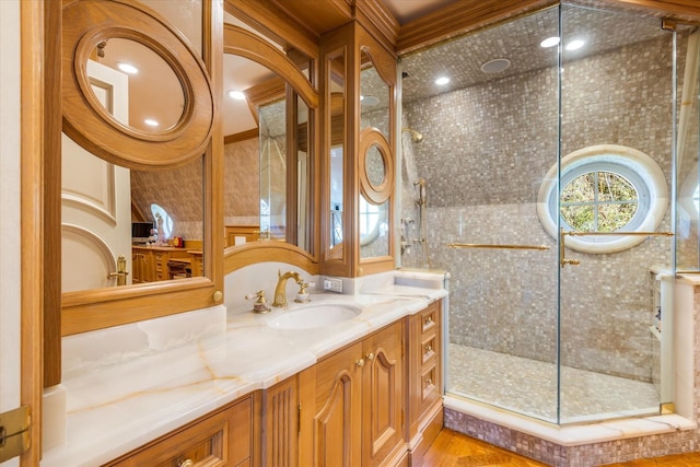 186 Kings Point Rd, Great Neck, NY 11024 - bathroom featuring a tile shower and vanity