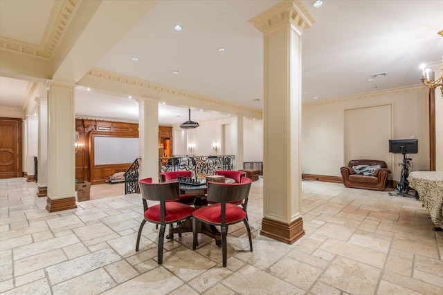 186 Kings Point Rd, Great Neck, NY 11024 - dining area with ornate columns, stone tile floors, crown molding, baseboards, and recessed lighting