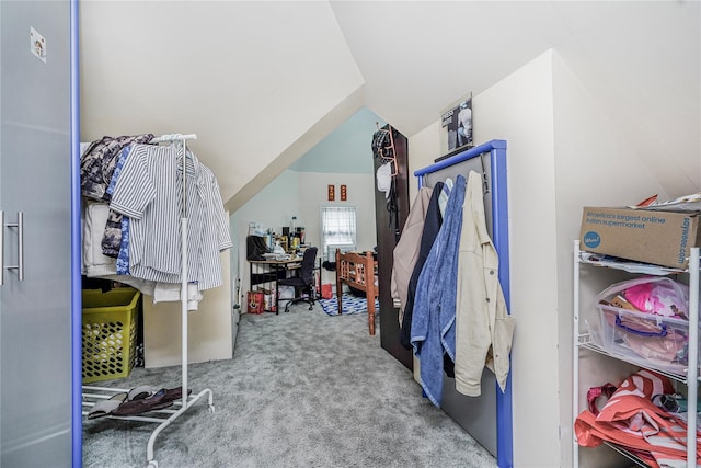 interior space with lofted ceiling and carpet