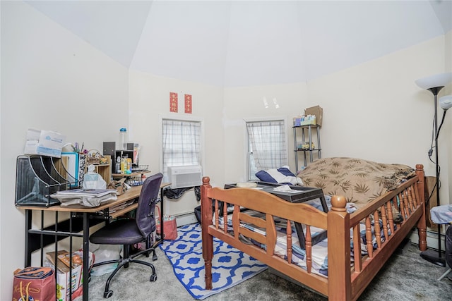 bedroom featuring carpet flooring, high vaulted ceiling, cooling unit, and a baseboard heating unit