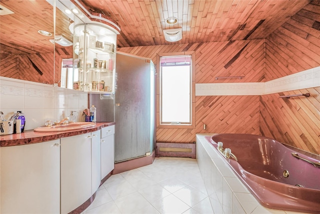 bathroom featuring a tub with jets, vanity, wood ceiling, and a shower stall