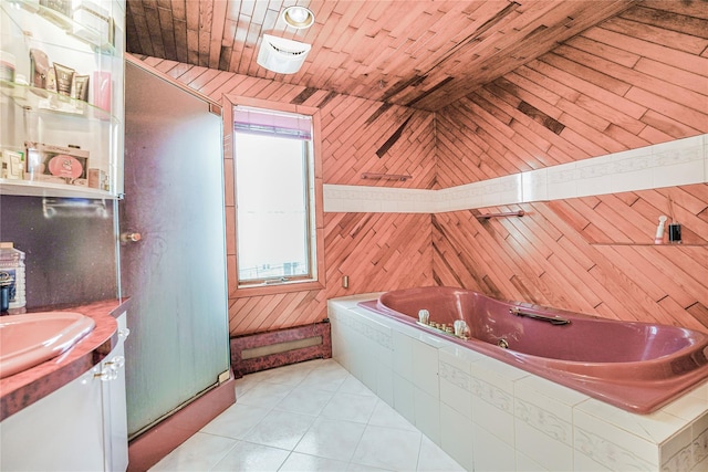 full bath with tile patterned floors, wooden ceiling, vanity, a whirlpool tub, and wood walls