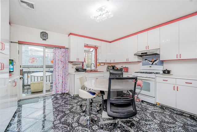 kitchen with light countertops, visible vents, white appliances, under cabinet range hood, and a sink