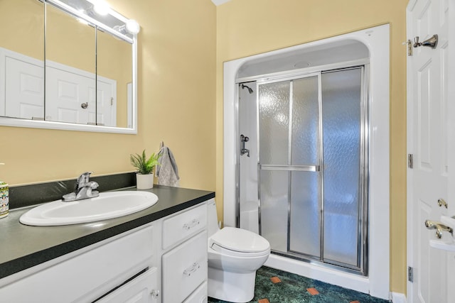bathroom featuring toilet, a stall shower, and vanity