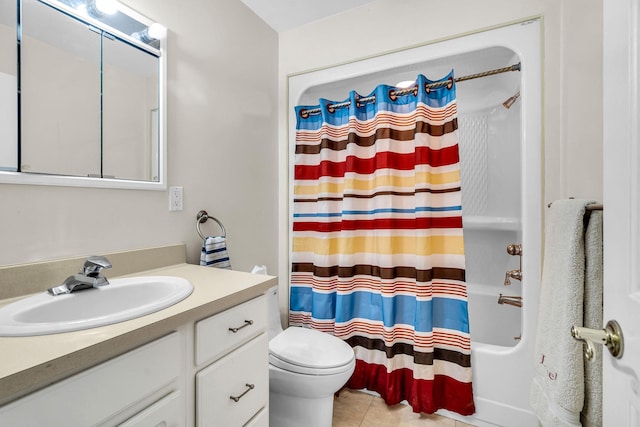 full bathroom featuring tile patterned flooring, shower / bathtub combination with curtain, toilet, and vanity