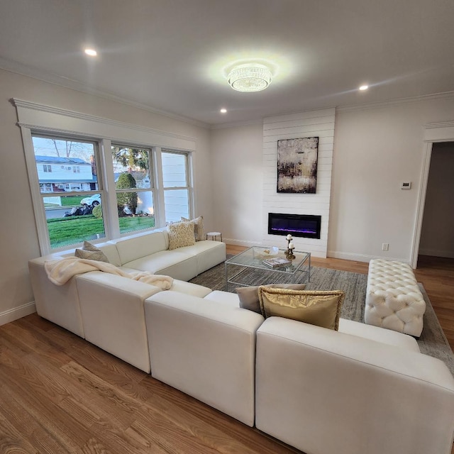 living room with ornamental molding, wood finished floors, baseboards, recessed lighting, and a large fireplace