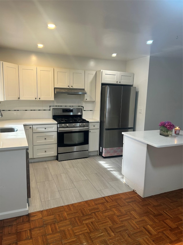 3317 Hone Ave, Bronx, NY 10469 - kitchen featuring stainless steel appliances, under cabinet range hood, light countertops, recessed lighting, and parquet floors