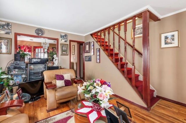 11812 Francis Lewis Blvd, Cambria Heights, NY 11411 - living area featuring stairs, wood finished floors, and ornamental molding