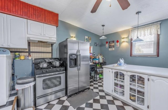 11812 Francis Lewis Blvd, Cambria Heights, NY 11411 - kitchen featuring under cabinet range hood, appliances with stainless steel finishes, white cabinetry, and dark floors