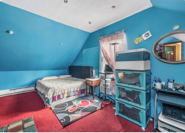 11812 Francis Lewis Blvd, Cambria Heights, NY 11411 - bedroom with a baseboard heating unit, a textured ceiling, carpet flooring, and vaulted ceiling