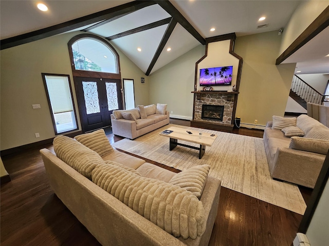 7 Raynham Rd, Glen Cove, NY 11542 - living room featuring baseboard heating, wood finished floors, baseboards, recessed lighting, and stairs