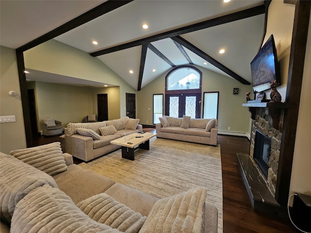7 Raynham Rd, Glen Cove, NY 11542 - living room with recessed lighting, wood finished floors, a baseboard radiator, a stone fireplace, and baseboards