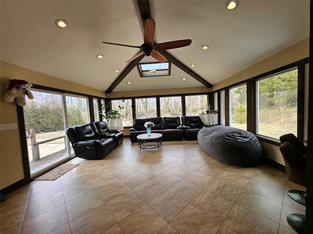 7 Raynham Rd, Glen Cove, NY 11542 - tiled living room with ceiling fan, healthy amount of natural light, recessed lighting, beam ceiling, and high vaulted ceiling