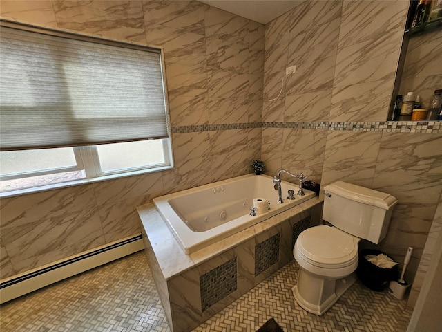 7 Raynham Rd, Glen Cove, NY 11542 - bathroom with a baseboard heating unit, toilet, tile walls, a whirlpool tub, and tile patterned flooring