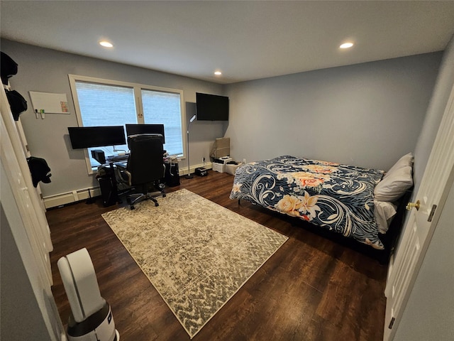 7 Raynham Rd, Glen Cove, NY 11542 - bedroom featuring recessed lighting, a desk, dark wood-style floors, baseboards, and a baseboard radiator