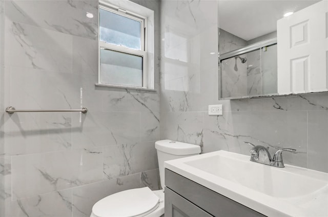 48-35 Clearview Expy, Bayside, NY 11364 - bathroom with tile walls, a marble finish shower, vanity, and decorative backsplash