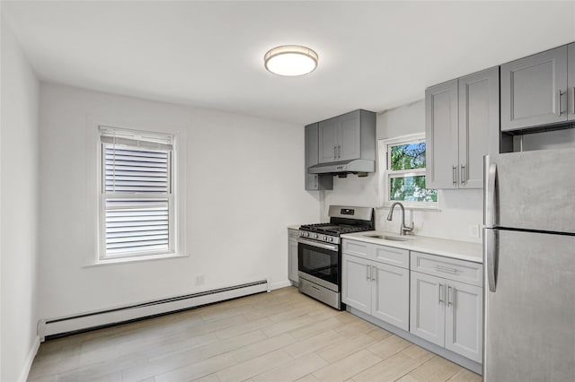 48-35 Clearview Expy, Bayside, NY 11364 - kitchen with stainless steel appliances, a baseboard heating unit, under cabinet range hood, gray cabinetry, and light countertops