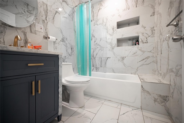 bathroom with vanity, stone wall, shower / tub combo, toilet, and marble finish floor