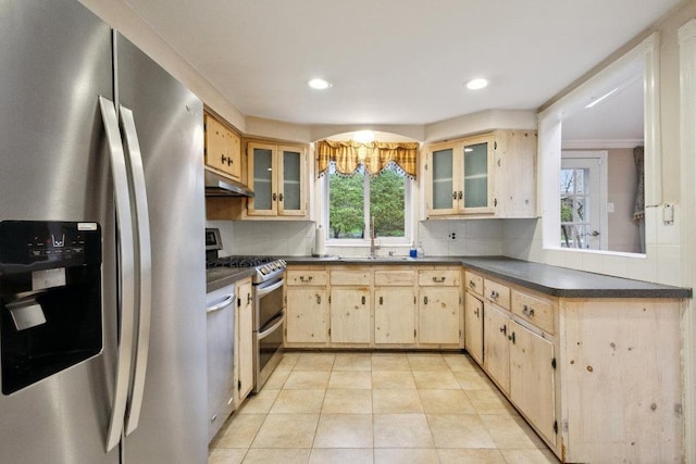 kitchen featuring a healthy amount of sunlight, under cabinet range hood, dark countertops, and appliances with stainless steel finishes