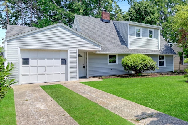 17 Windmill Ln, Levittown, NY 11756 - view of front of house with driveway, a shingled roof, a front yard, and an attached garage