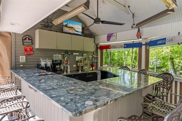 10 Crick Holly Ln, East Islip, NY 11730 - bar area featuring a ceiling fan and lofted ceiling
