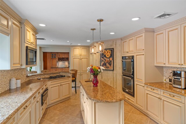 10 Crick Holly Ln, East Islip, NY 11730 - kitchen with cream cabinets, black appliances, light tile patterned floors, and recessed lighting