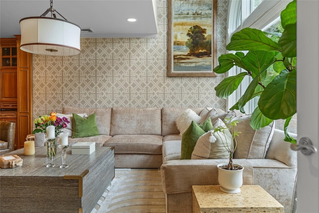 10 Crick Holly Ln, East Islip, NY 11730 - living room featuring wallpapered walls, recessed lighting, and ornamental molding